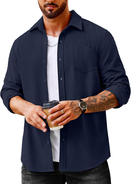 Men'S Waffle Button down Shirts Casual Long Sleeve Shacket Jacket with Pockets