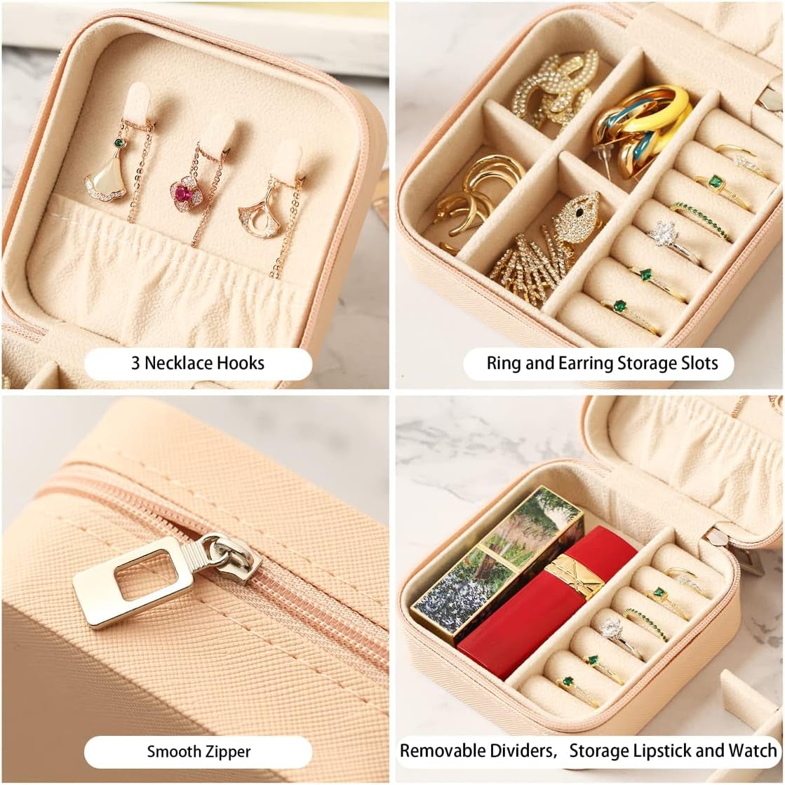 Travel Jewelry Case, Mini Portable Jewelry Travel Boxes, Small Jewelry Organizer for Rings, Earrings, Pendants, Watches, Necklaces, Lipsticks Organizer Storage Holder Case (Pink)