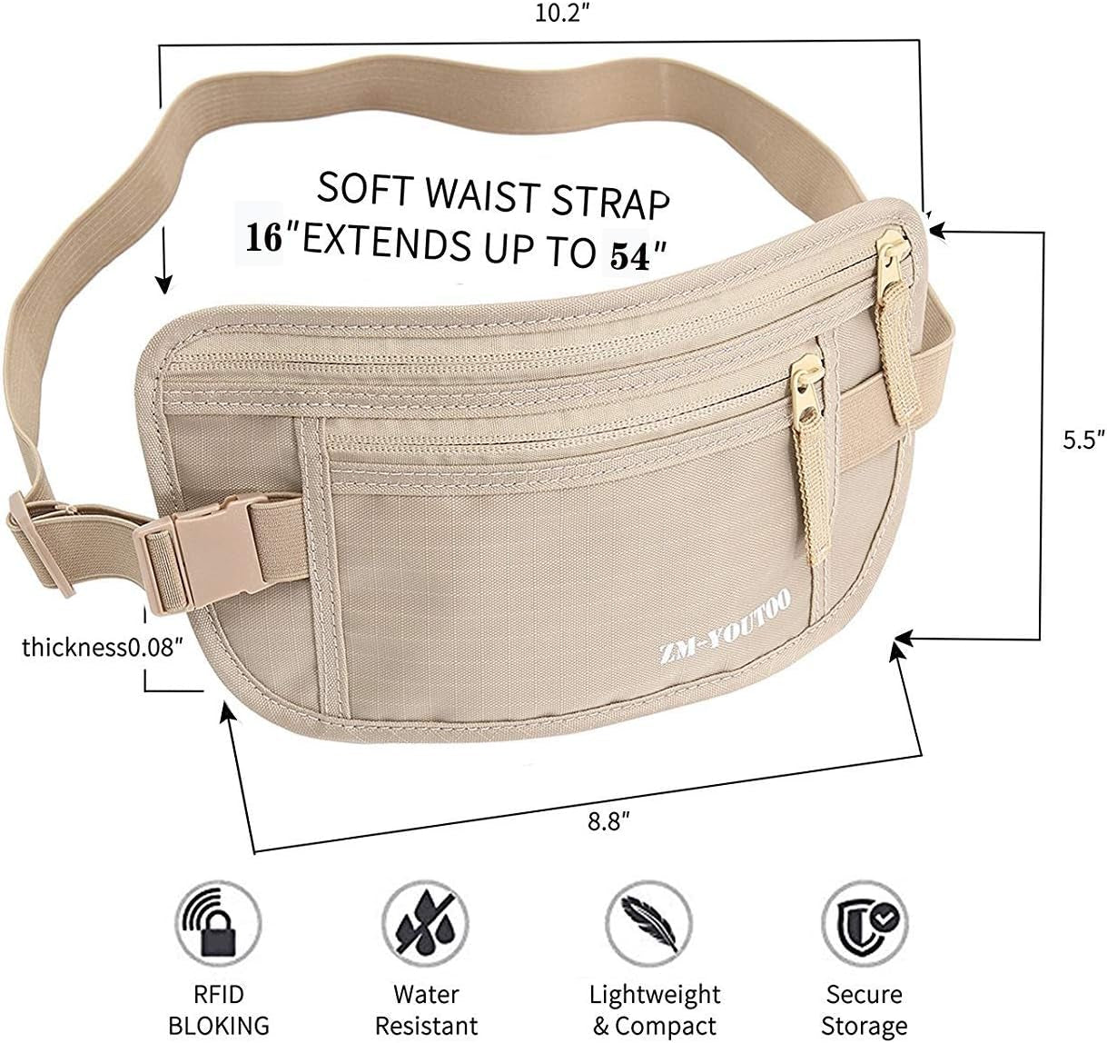 Money Belt for Travel - Hidden Travel Pouch Protect Your Credit and Money with RFID Blocking Passport Holder Waist Wallet (Khaki)