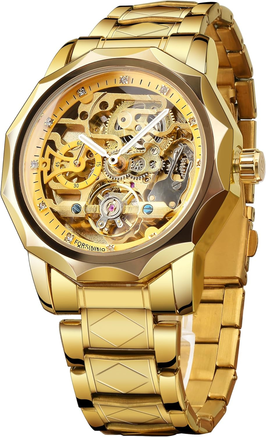 Men'S Skeleton Automatic Tourbillon Watch Self-Wind Hollow Mechanical Watch Tourbillion Rhombus Stainless Steel Wristwatch Gold & Black