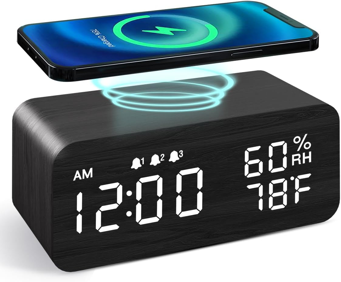 Wooden Digital Alarm Clock with Wireless Charging, Dimmable, Adjustable Volume, 3 Alarms, Weekday/Weekend Mode, Snooze, Digital Clock for Bedroom, Bedside, Office (Black)