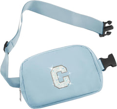 Small Waist Fanny Pack Belt Bag with Initial Letter Patch Adjustable Strap for Women Teen Girl Running Traveling Gym Hiking, Mini Crossbody Travel Purse Cross Body Trendy Preppy Pouch, Blue, Small, C