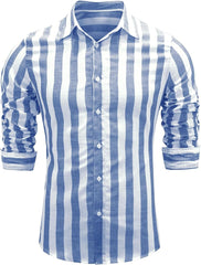 Men'S Linen Shirts Casual Long Sleeve Button-Down Striped Dress Shirt