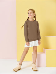 Girls Casual Long Puff Sleeve Sweatshirt Crew Neck Cute Solid Children Tunic Tops Lightweight Sweaters