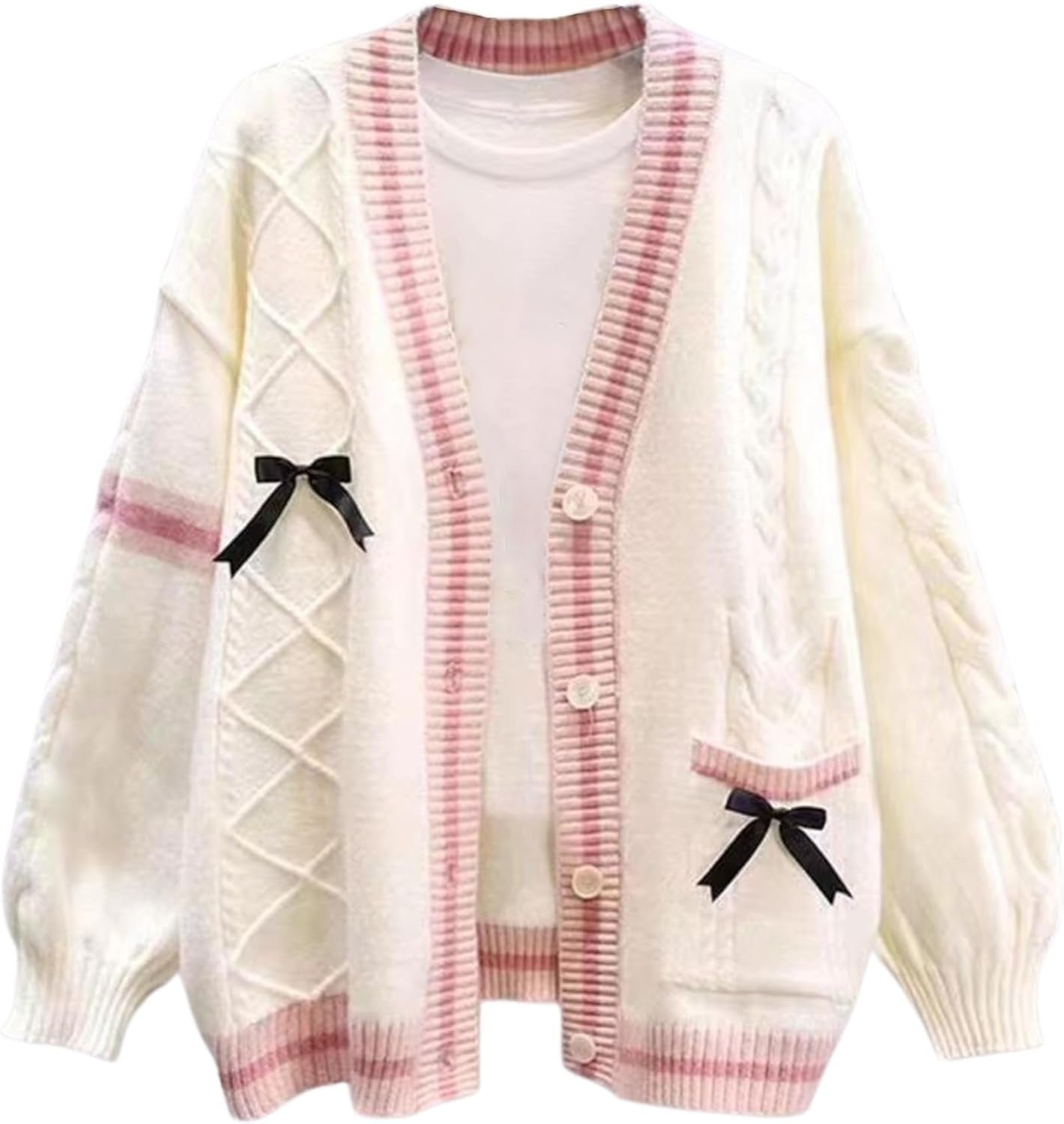 Women’S Kawaii JK School Uniform Cardigans Long Sleeve Button up Cardigan with Pinned Bowknot