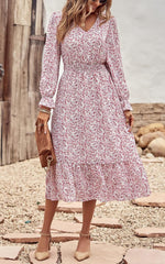 Women'S Casual Long Sleeve Midi Fall Dress Boho Pleated V Neck Ruffled Vintage Floral Print Flowy Long Dresses