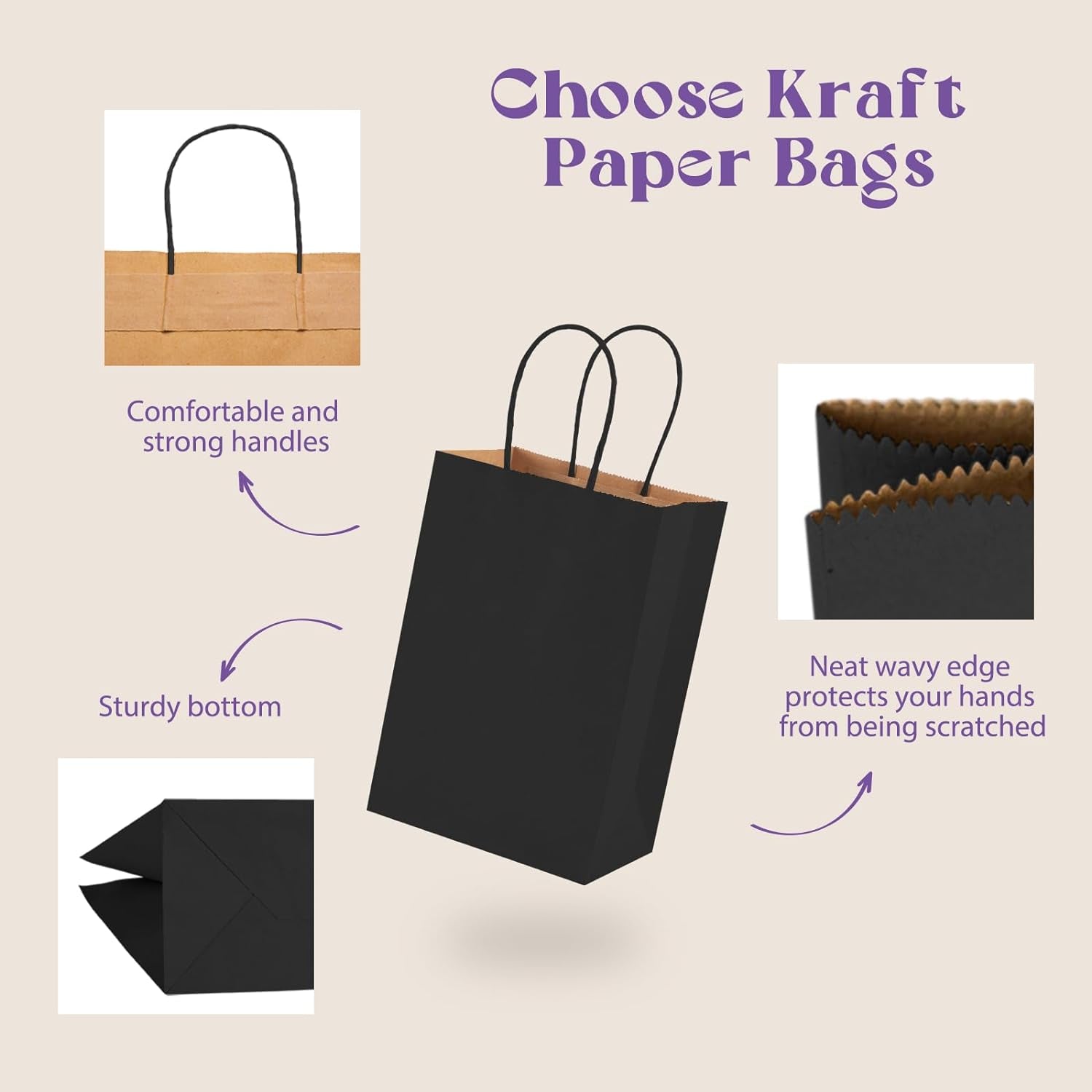 Paper Gift Bags 5.25X3.75X8 Black Small Paper Bags with Handles Bulk,100 Pcs Kraft Paper Bags for Small Business,Wedding Party Favor Bags