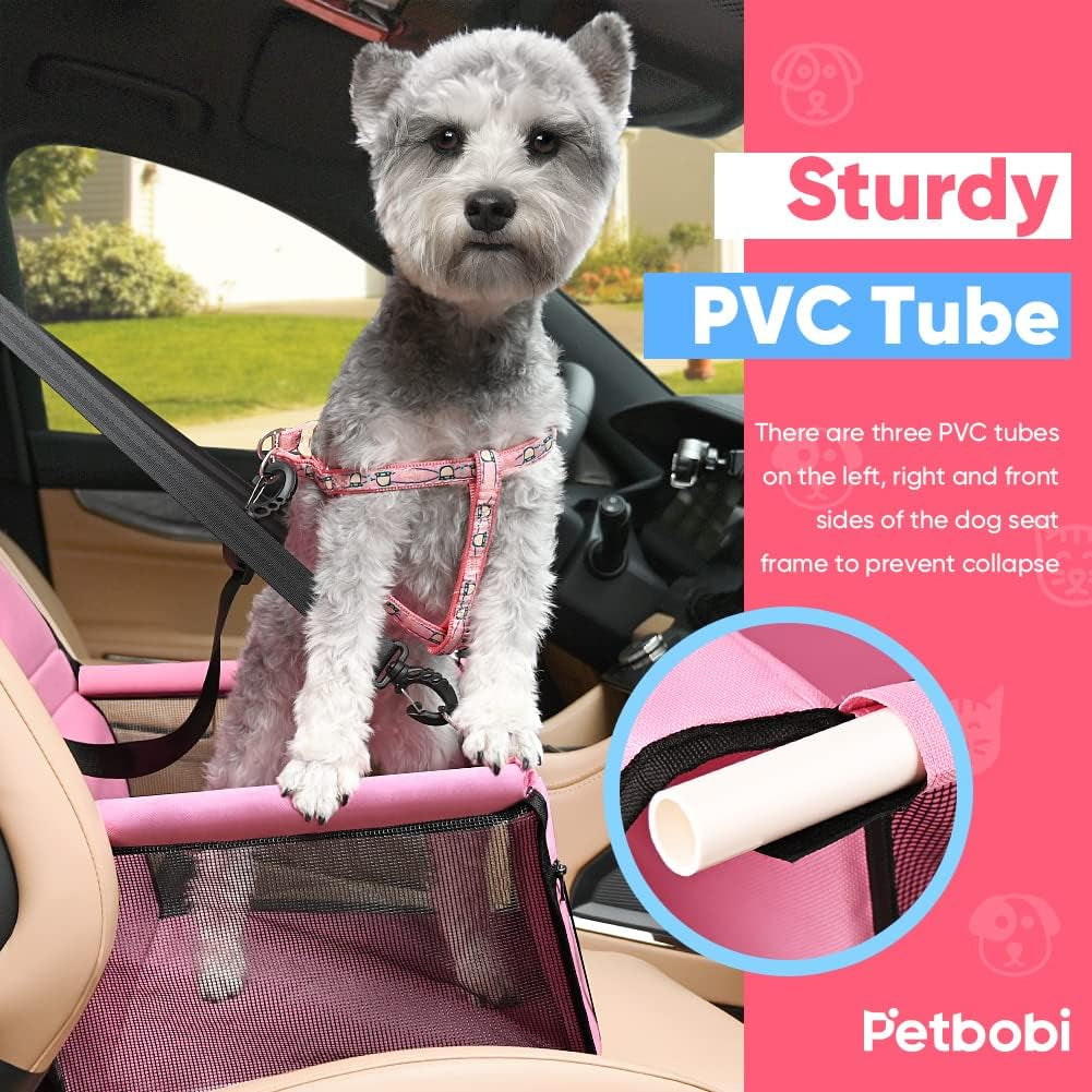 Pet Reinforce Car Booster Seat for Dog Cat Portable and Breathable Bag with Seat Belt Dog Carrier Safety Stable for Travel Look Out,With Clip on Leash with PVC Tube, Pink