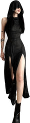 Women'S Gothic Desert Walker Hooded Sleeveless Dress Y2K Punk Side Split Hollow Out Midi Dress Party Club Streetwear