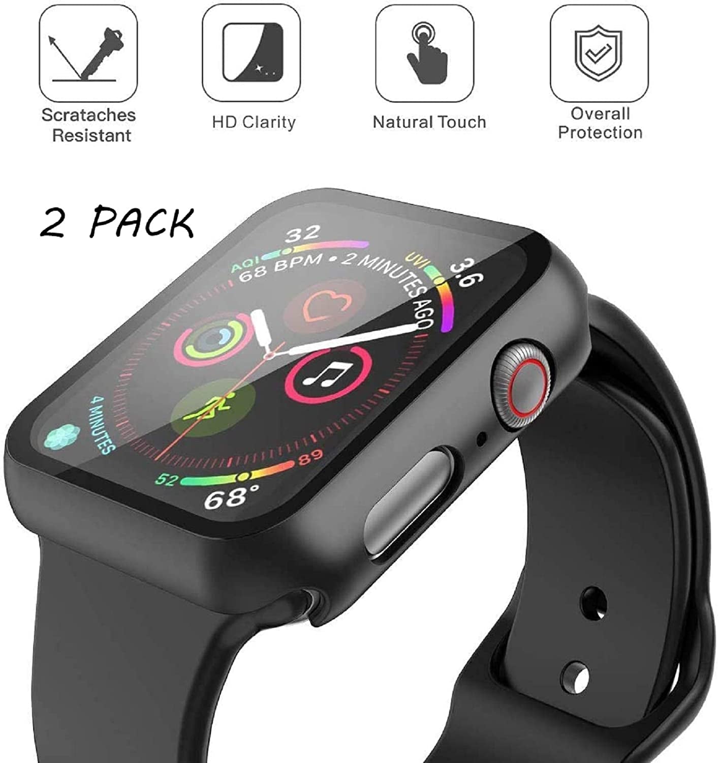 2 Pack Hard PC Case with Tempered Glass Screen Protector Compatible with Apple Watch Series 6 SE Series 5 Series 4 44Mm, Black