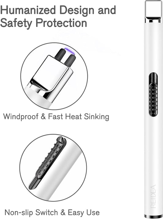 USB Candle Lighter, Windproof Flameless Electronic Lighter with Safety Protector Button, Rechargeable Lighter for Home Candle Outdoor Activities (White)