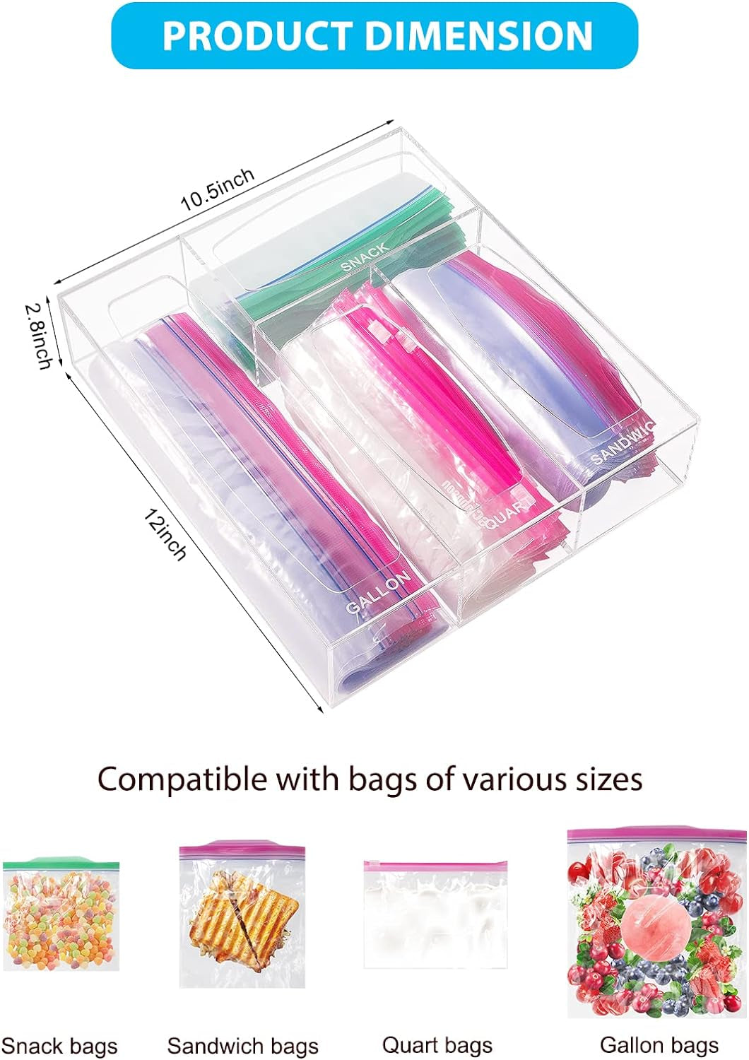 Acrylic Bags Storage Organizer - Baggie Bags Drawer Organizer & Plastic Food Storage Bags Holder - Compatible with Gallon, Quart, Sandwich, Snap, Freezer, Slider Bags (Clear)