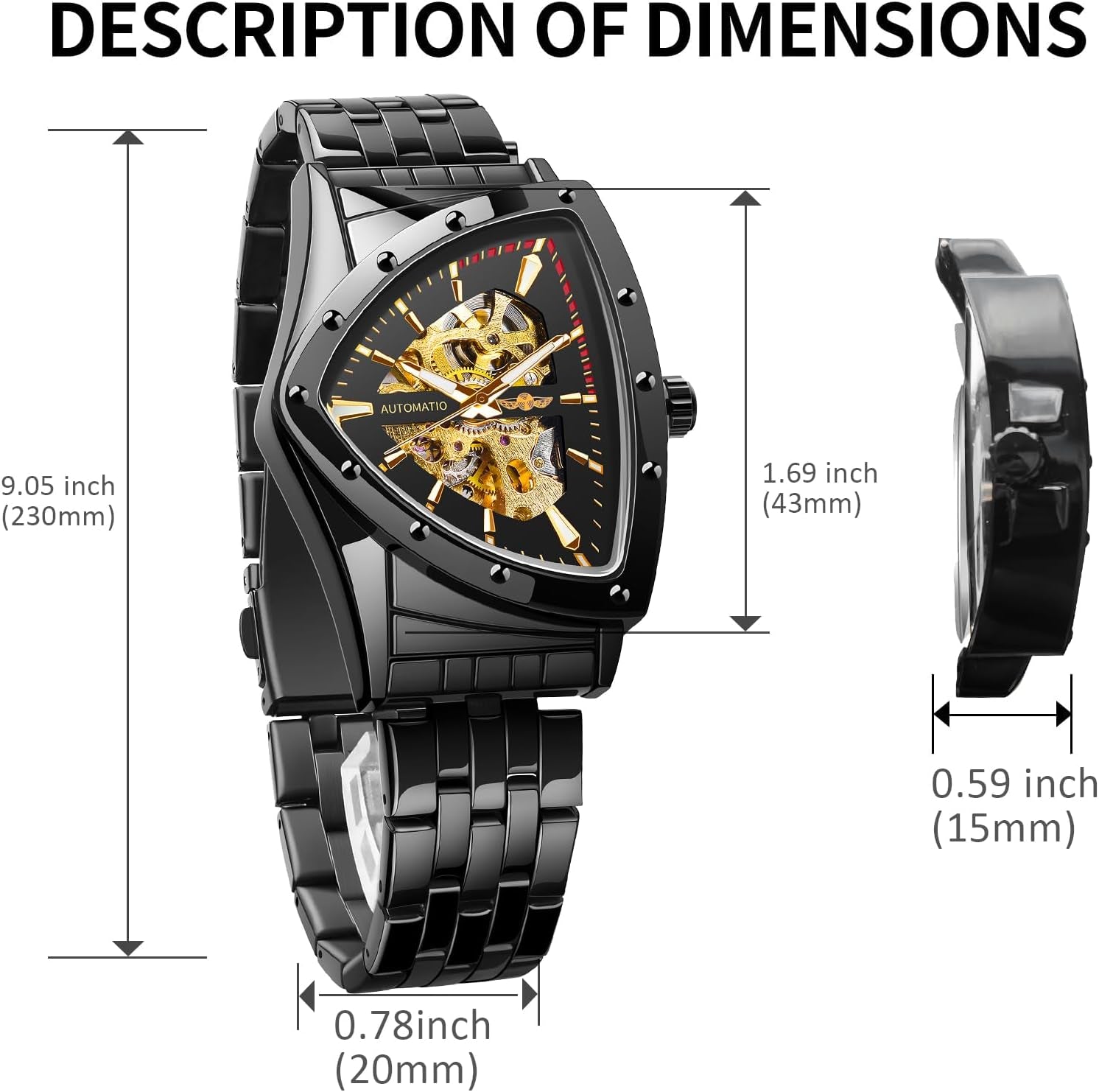 Skeleton Watches for Men, Automatic Mechanical Watch with Triangle Dial, Luminous Self Winding Watches Stainless Steel Bracelet or Soft Silicone Strap