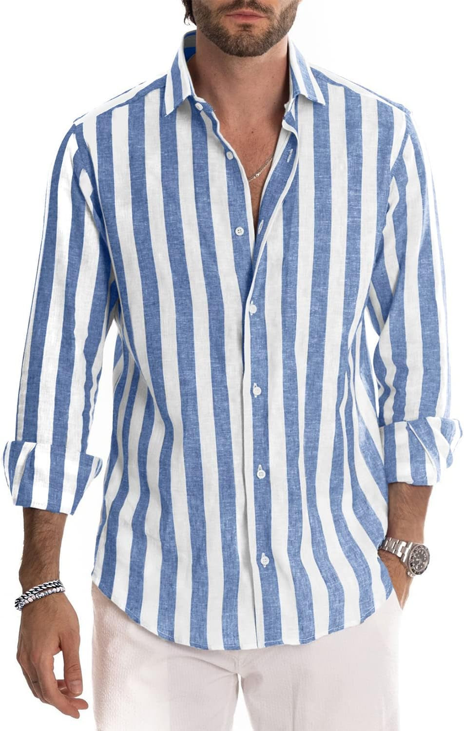 Men'S Linen Shirts Casual Long Sleeve Button-Down Striped Dress Shirt