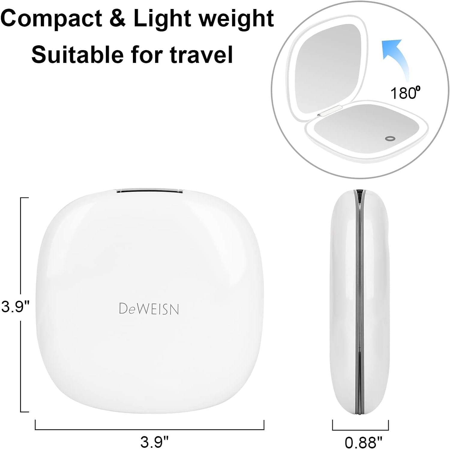 Compact Mirror, Lighted Travel Makeup Mirror with 1X/10X Magnifying Double Sided Dimmable Portable Pocket for Handbag and Pocket, USB Charging(White)