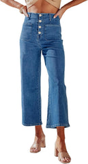 Women'S Wide Leg Jeans High Waisted Stretchy Straight Leg Jeans Buttoned Loose Denim Pants with Pocket