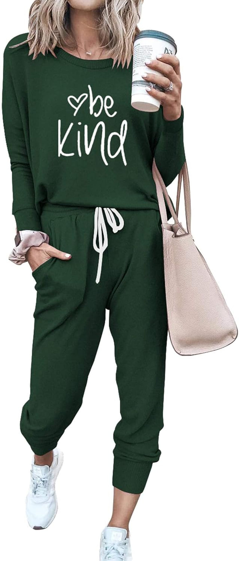 Women'S Two Piece Outfit Long Sleeve Crewneck Pullover Tops and Long Pants Tracksuit, Patterned-Dark Green, Large