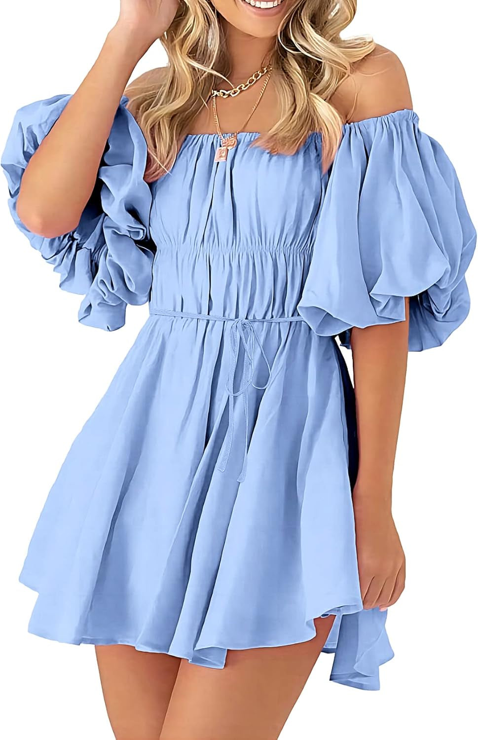 Women'S off the Shoulder Babydoll Dress Short Puff Sleeve Casual a Line Ruffle Summer Dresses