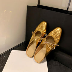 Women'S Wrinkled Leather Lace up Flat Mules Fashion Closed Square Toe Slip-On Slingback Ballet Flats Comfortable Casual Dressy Date Office Work Shoes