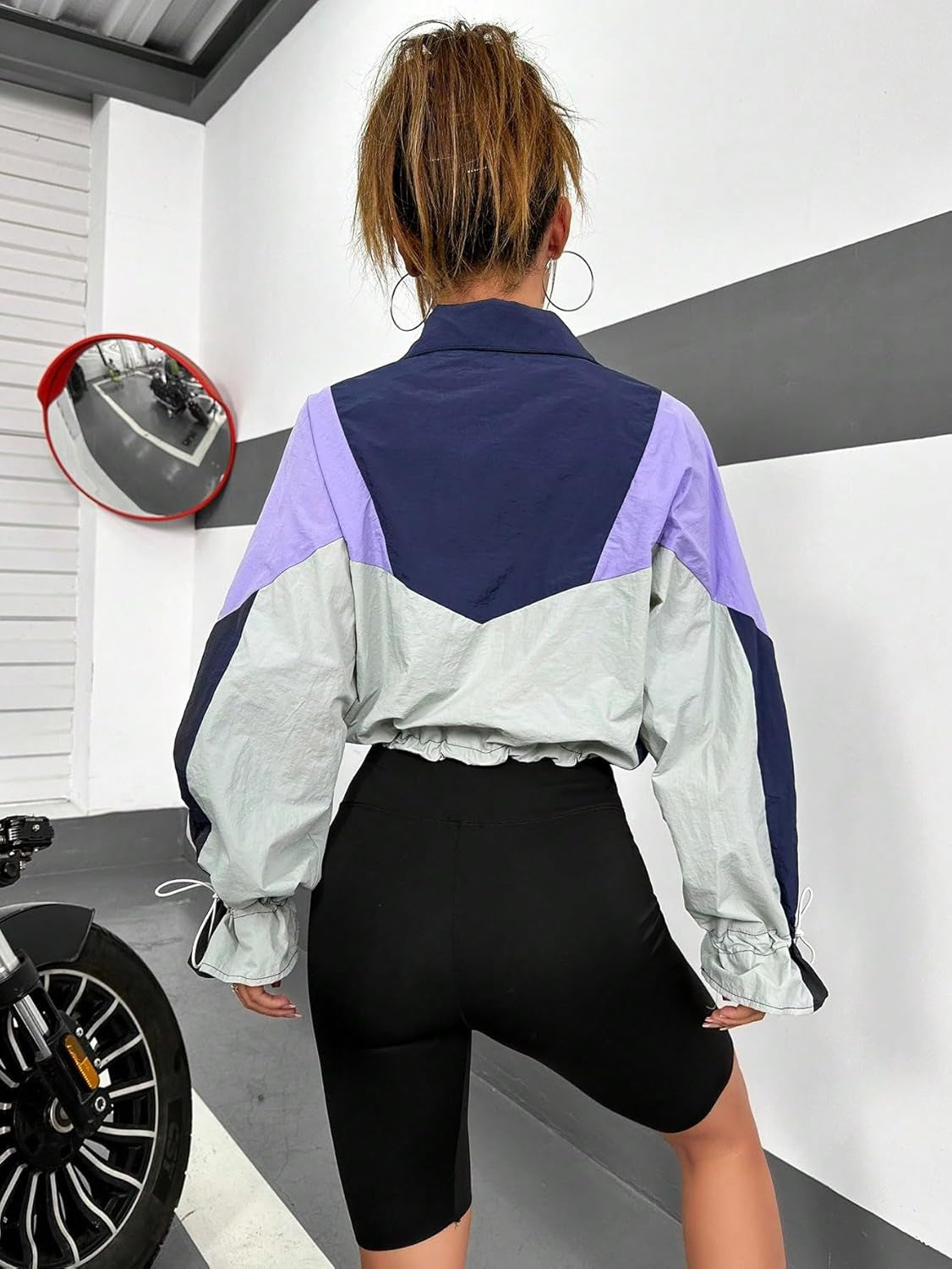 Women'S Colorblock Long Sleeve Drawstring Hem Zipper up Windbreaker Jacket