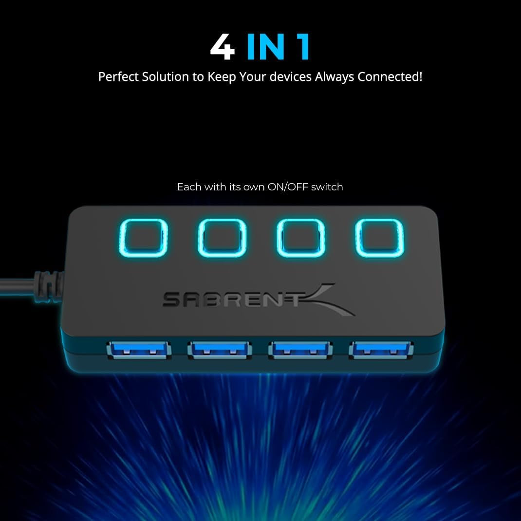 4-Port USB 3.0 Hub - Slim Design, Individual LED Switches, Fast Data Transfer, 2 Ft Cable, Compatible with Mac & PC (HB-UM43)