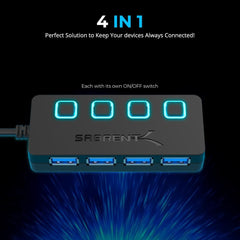 4-Port USB 3.0 Hub - Slim Design, Individual LED Switches, Fast Data Transfer, 2 Ft Cable, Compatible with Mac & PC (HB-UM43)