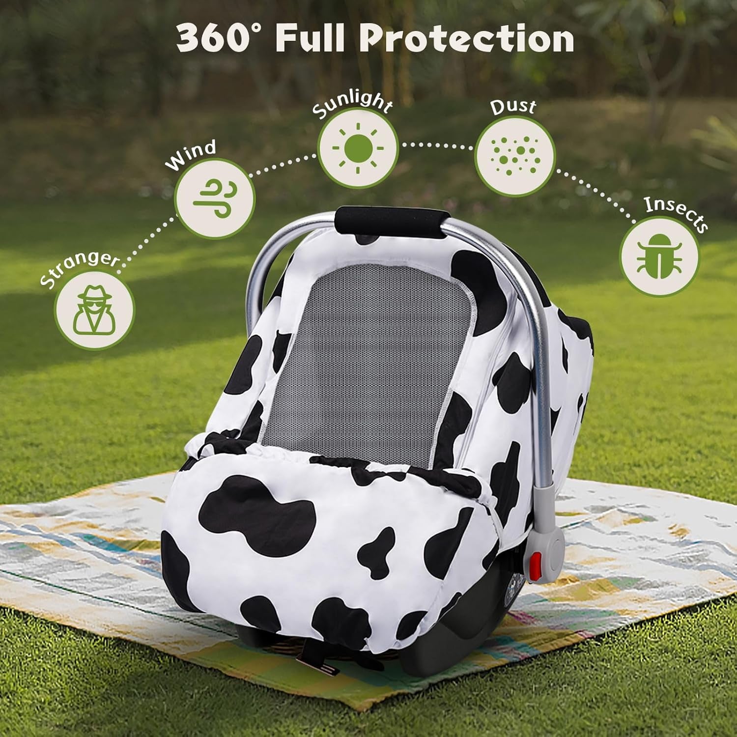 Car Seat Covers for Babies, Minky Dot Baby Car Seat Cover, Universal Infant Carseat Canopy with Breathable Mesh Peep Window & Storage Pocket, Cow Print Stroller Cover for Newborn