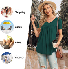 Womens Summer Tops V Neck Short Sleeve Casual Shirt Flowy Tunic Blouse