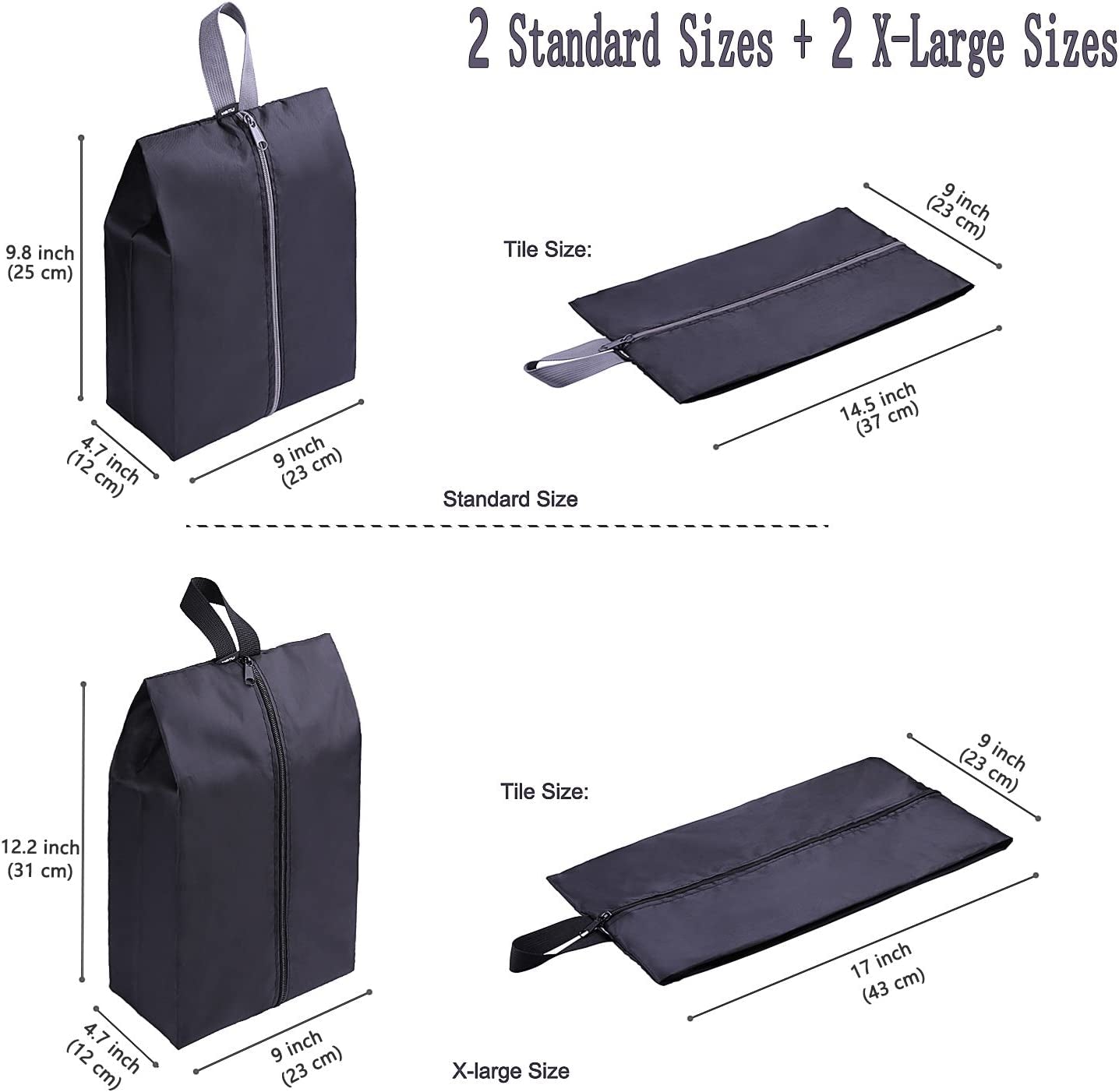 Travel Shoe Bags Set of 4 Waterproof Nylon with Zipper for Men & Women, Black