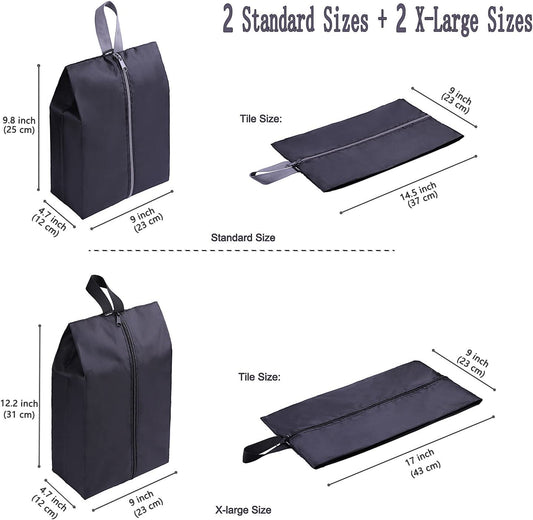 Travel Shoe Bags Set of 4 Waterproof Nylon with Zipper for Men & Women, Black