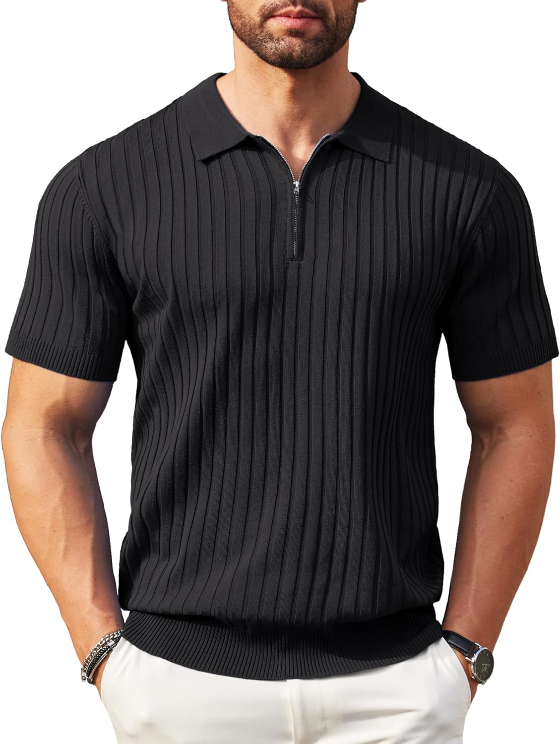 Men'S Zipper Polo Shirts Short Sleeve Ribbed Knit Polo T Shirts Fashion Casual Golf Shirts