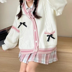 Women’S Kawaii JK School Uniform Cardigans Long Sleeve Button up Cardigan with Pinned Bowknot