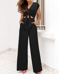 Women'S Summer 2 Piece Outfits 2024 Cap Sleeve V Neck Belted Crop Tops Wide Leg Pant Sets Casual Tracksuit