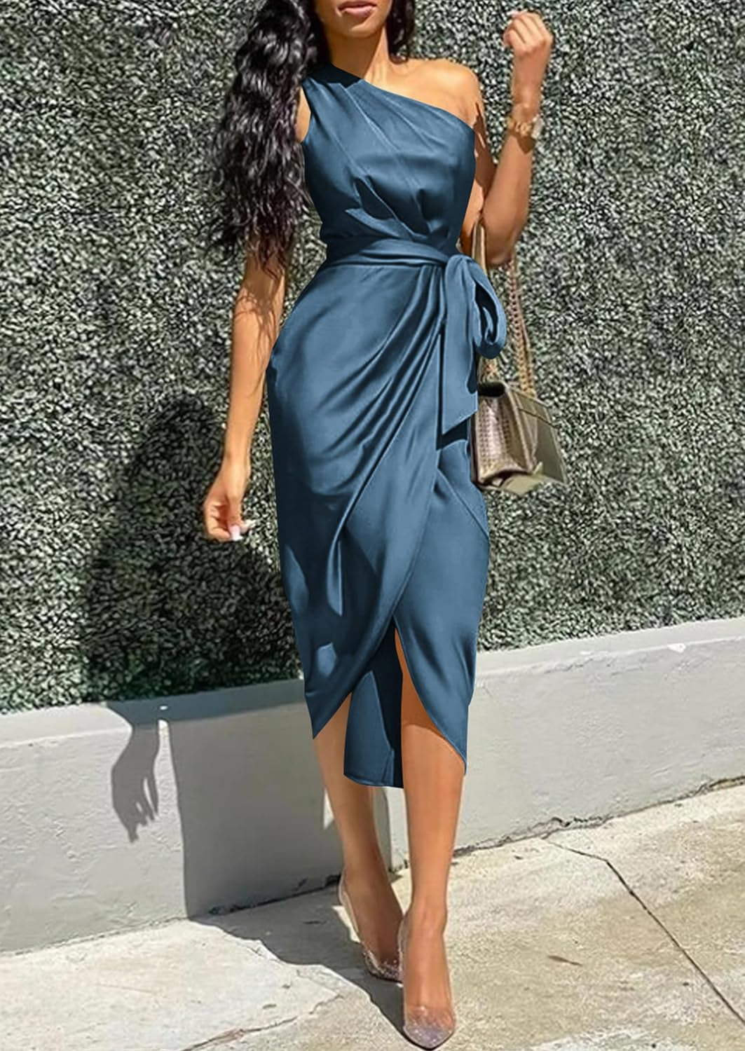 Women'S Ruched Bodycon Dress Asymmetrical Sleeveless One Shoulder Wrap Satin Belted Cocktail Midi Dress