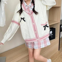 Women’S Kawaii JK School Uniform Cardigans Long Sleeve Button up Cardigan with Pinned Bowknot