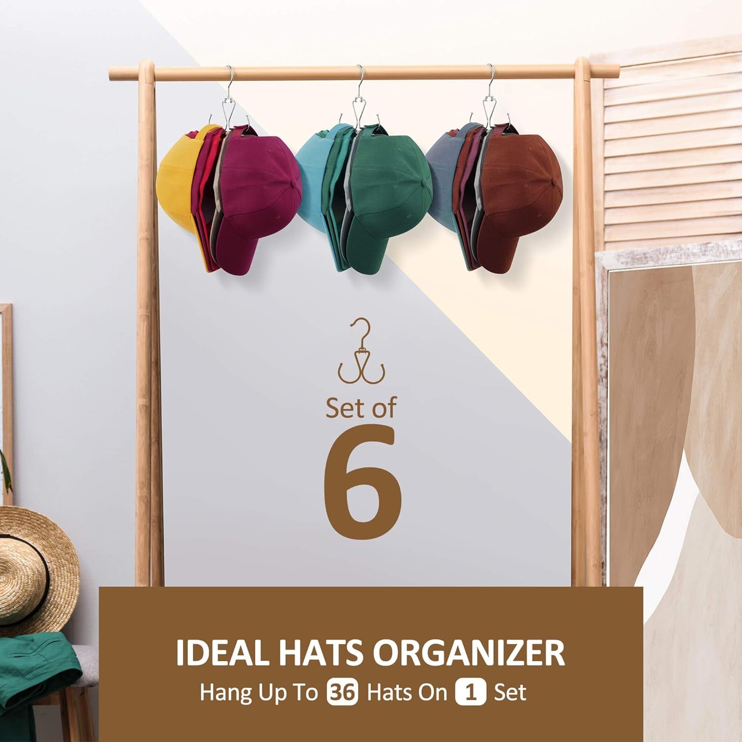 6 Pack Hat Organizer for Closet, Heavy Duty Rotatable Hat Hanger for Baseball Cap, Metal Hat Rack with 12 Hooks for Hat Storage, Silver