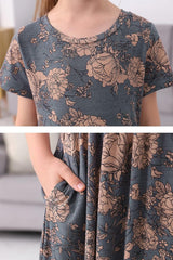 Girl'S Short Sleeve Floral Print Loose Casual Holiday Long Maxi Dress with Pockets 4-12 Years