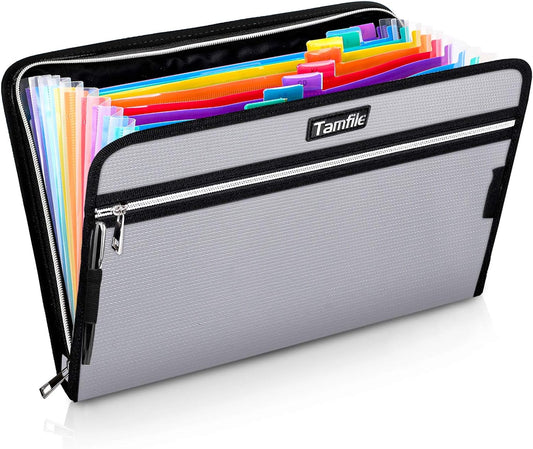 Fireproof Safe Waterproof Accordion File Bag Folder Expanding Filing Folder with 14 Multicolored Pockets, A4 Letter Size, Document Organizer Holder and Color Labels /2 Zipper (Silver 14.3" X 9.8")