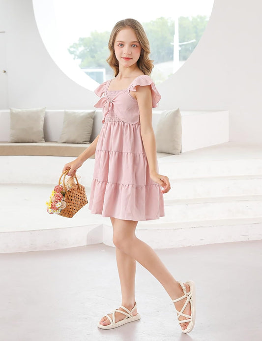 Ahegao 5-12T Girls Dress for Kids Square Neck Flutter Dresses Summer Dressy Frocks