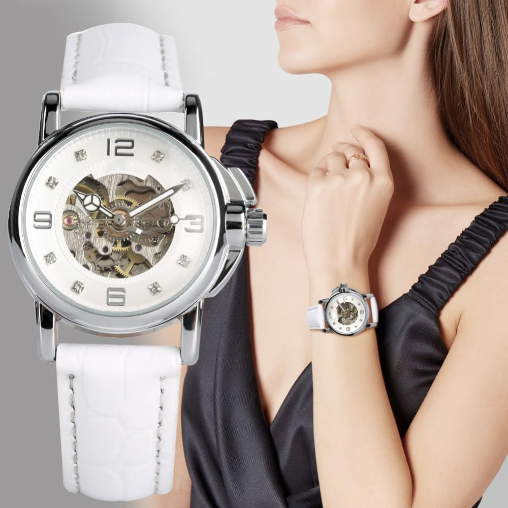 Luxury Women Automatic Watch Ladies White Leather Waterproof Automatic Mechanical Skeleton Watch