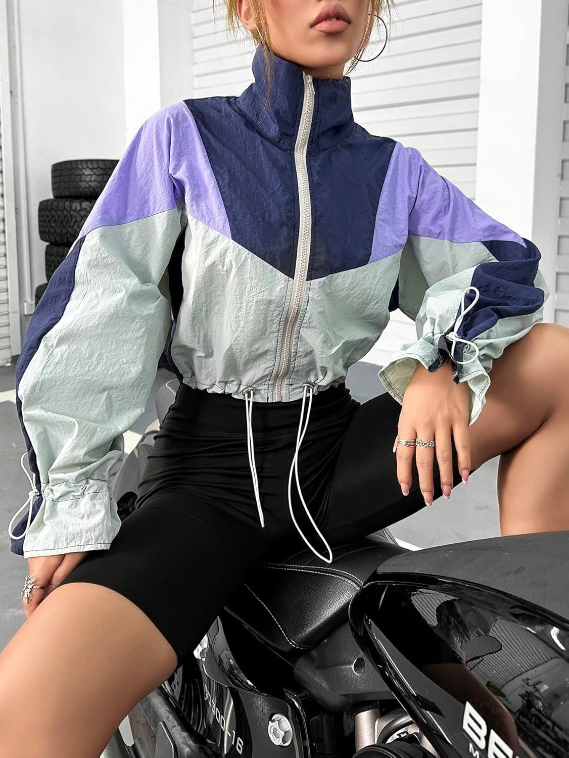 Women'S Colorblock Long Sleeve Drawstring Hem Zipper up Windbreaker Jacket