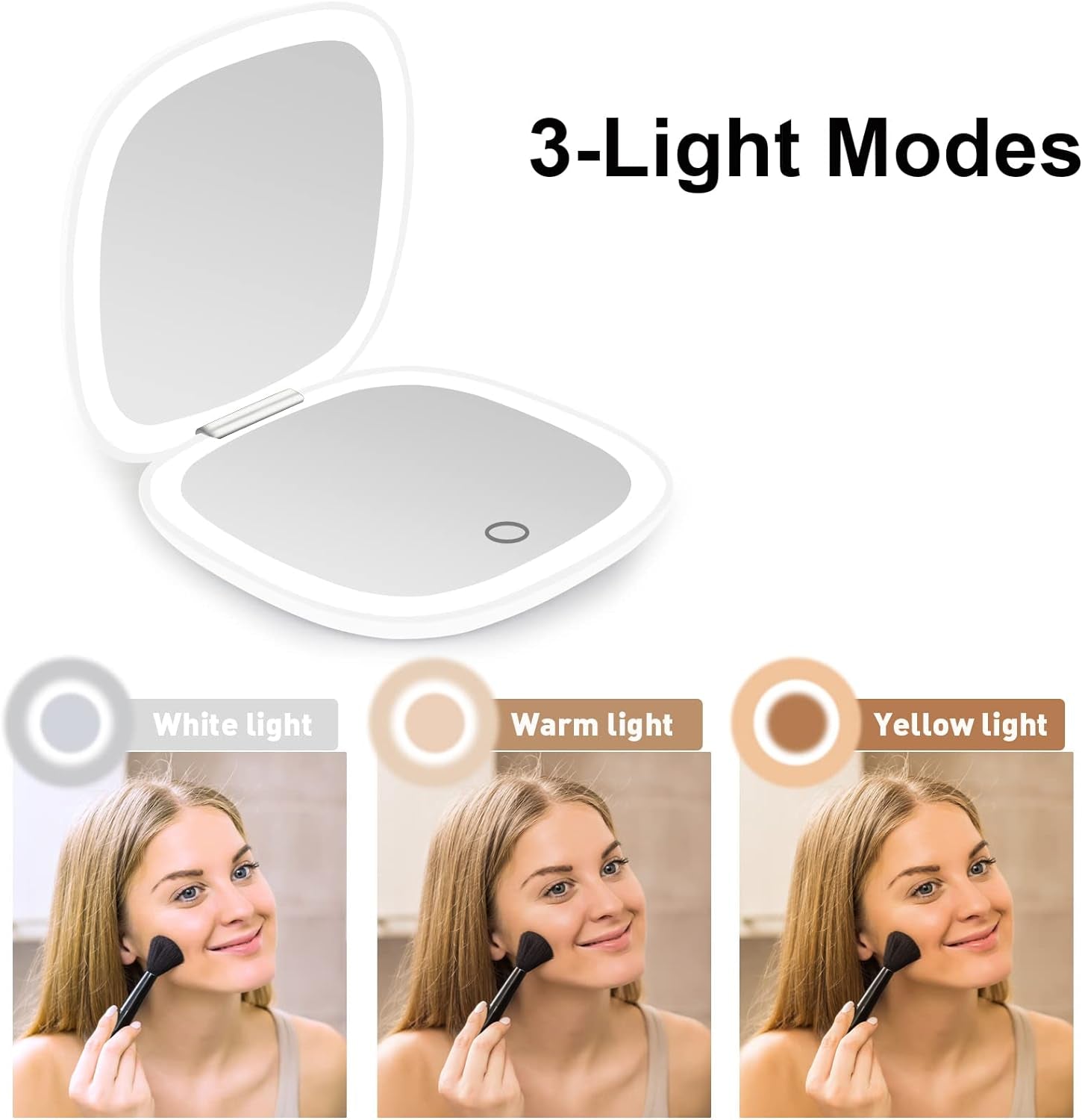 Compact Mirror, Lighted Travel Makeup Mirror with 1X/10X Magnifying Double Sided Dimmable Portable Pocket for Handbag and Pocket, USB Charging(White)