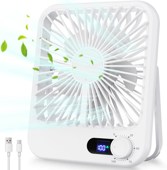 Travel Fan for Sleeping, Portable Fan for Travel Rechargeable with Digital Display, 100 Speed Wind Personal USB Fan with Variable Speed Knob, Small Desk Fan for Bedroom Office Home, White