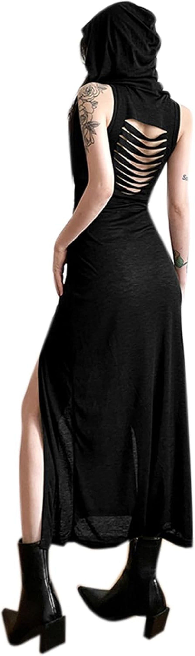 Women'S Gothic Desert Walker Hooded Sleeveless Dress Y2K Punk Side Split Hollow Out Midi Dress Party Club Streetwear