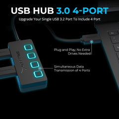 4-Port USB 3.0 Hub - Slim Design, Individual LED Switches, Fast Data Transfer, 2 Ft Cable, Compatible with Mac & PC (HB-UM43)