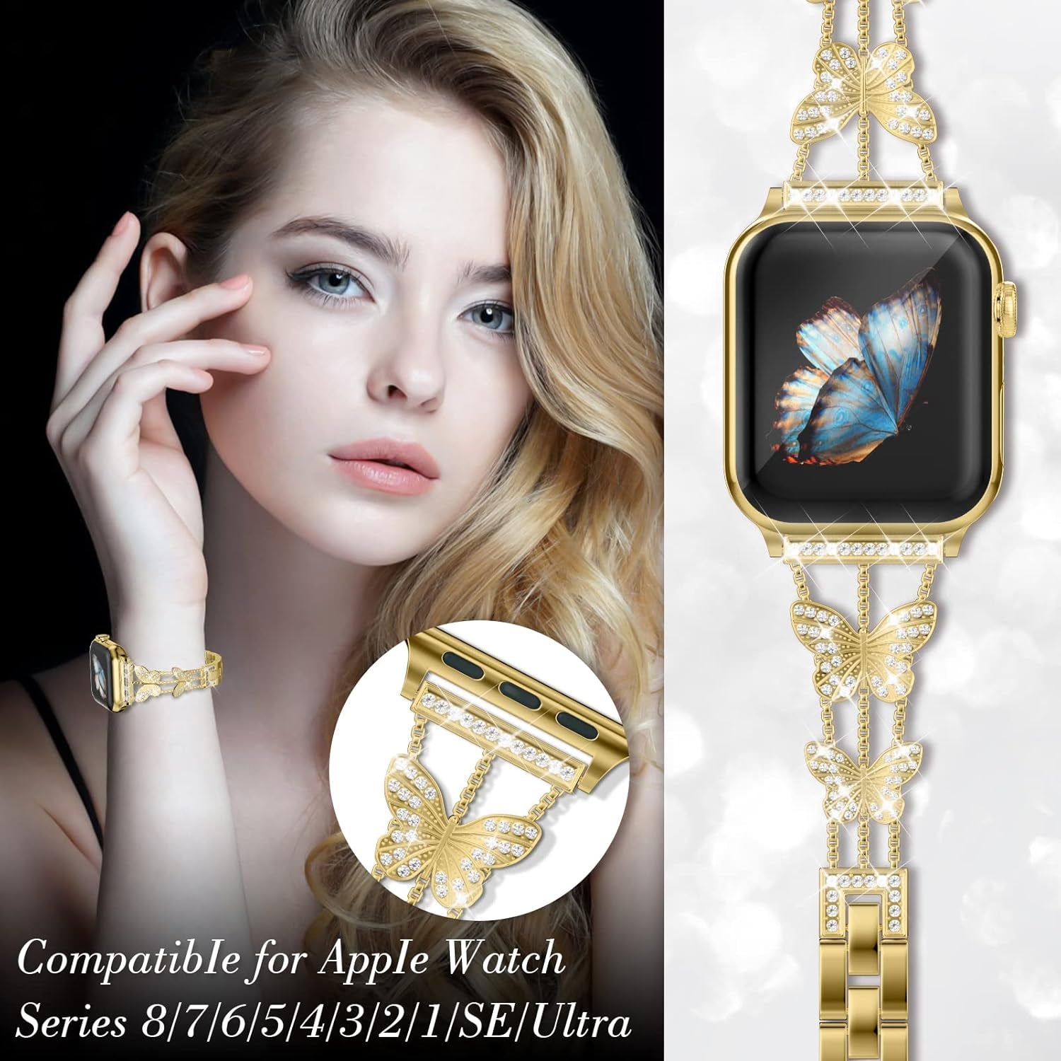 Add Sparkle to Your Watch with the  Metal Diamond Starlight Band - Compatible with Apple Watch Series 8/7/6/5/4/3/2/1/Se/Ultra - Shiny and Stylish for Women in Sizes 38Mm 40Mm 41Mm 42Mm 44Mm 45Mm 49Mm