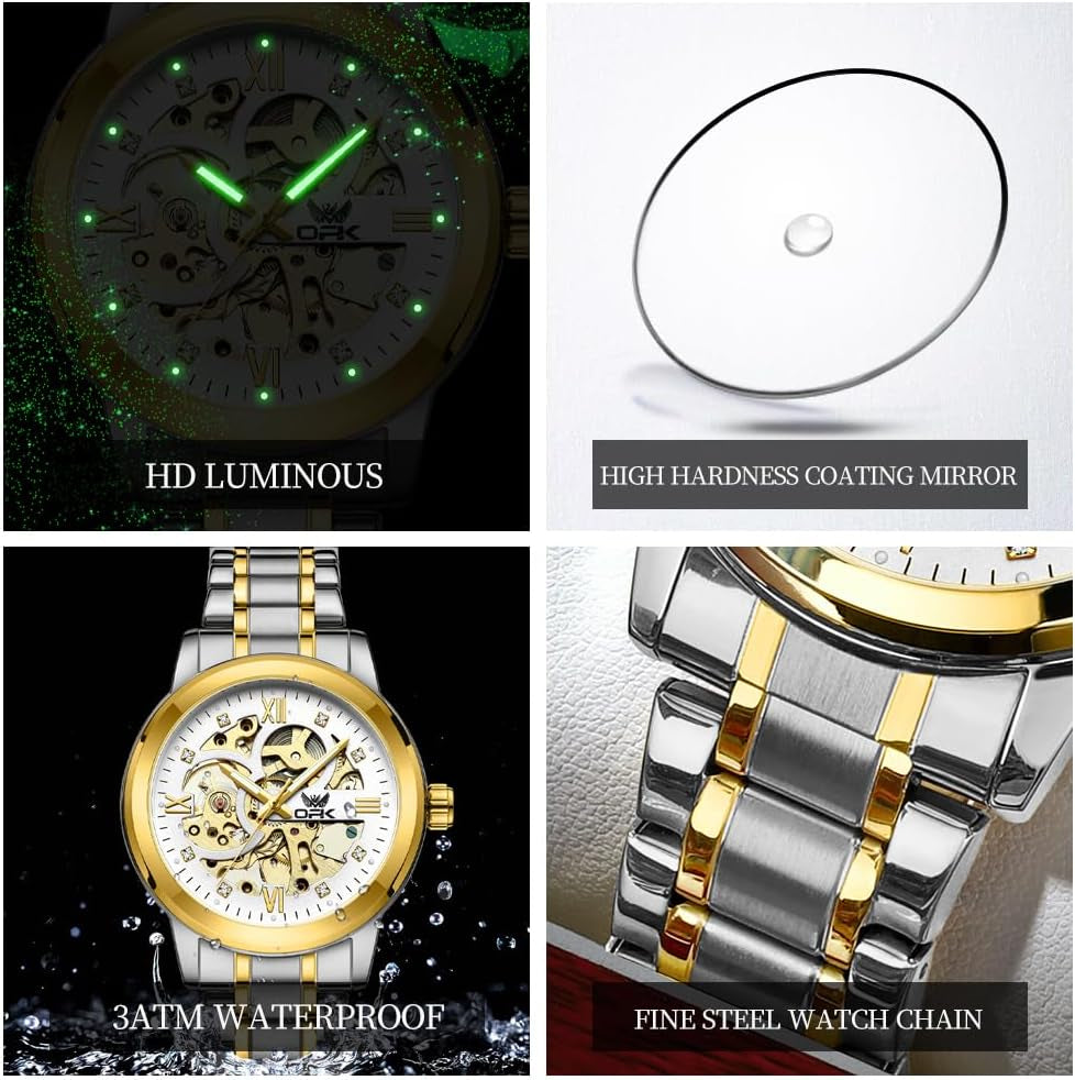 Mens Watches Automatic Mechanical Self Winding Skeleton Luxury Diamond Watch Stainless Steel Waterproof Luminous