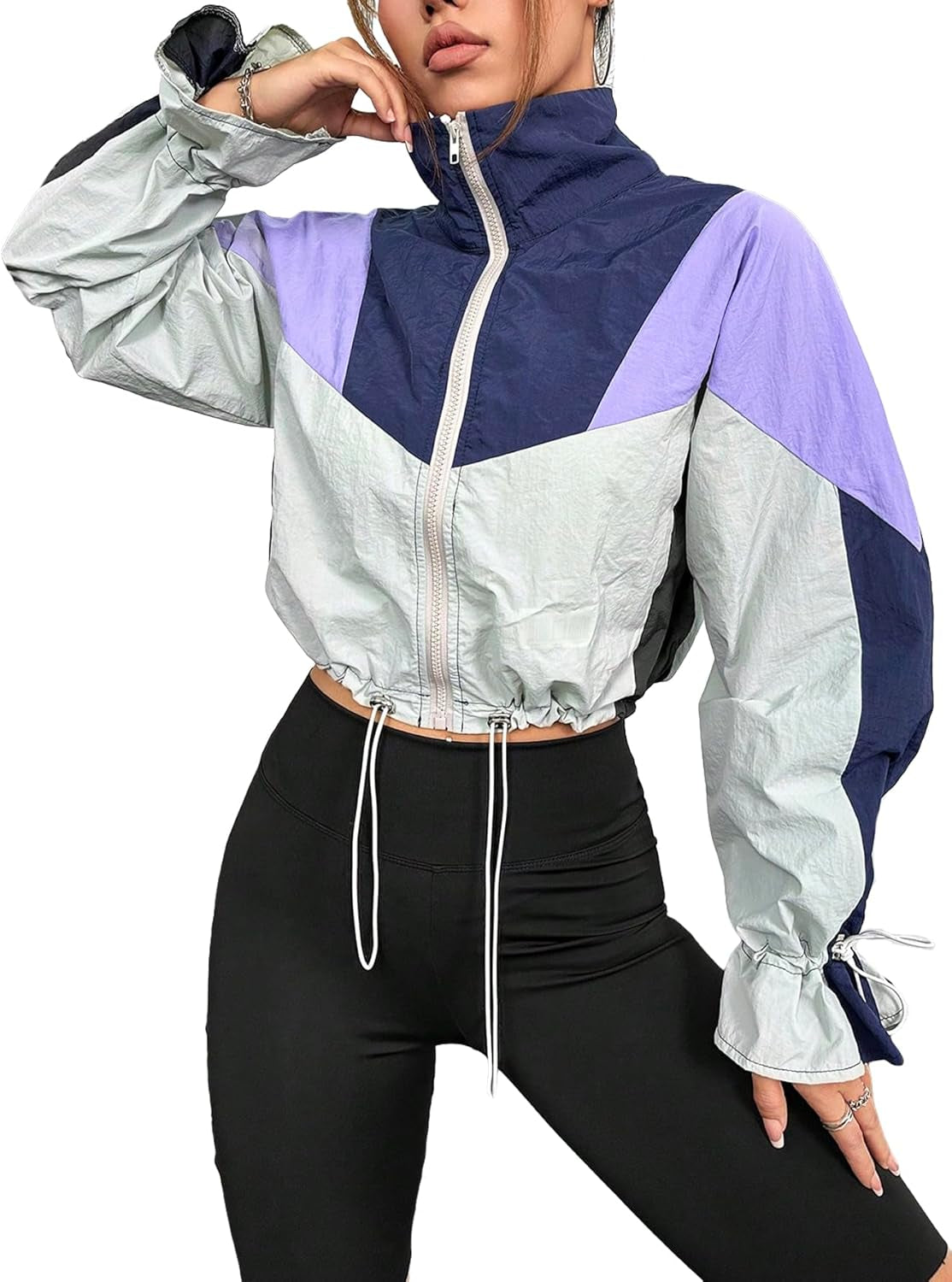 Women'S Colorblock Long Sleeve Drawstring Hem Zipper up Windbreaker Jacket