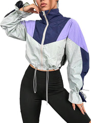 Women'S Colorblock Long Sleeve Drawstring Hem Zipper up Windbreaker Jacket