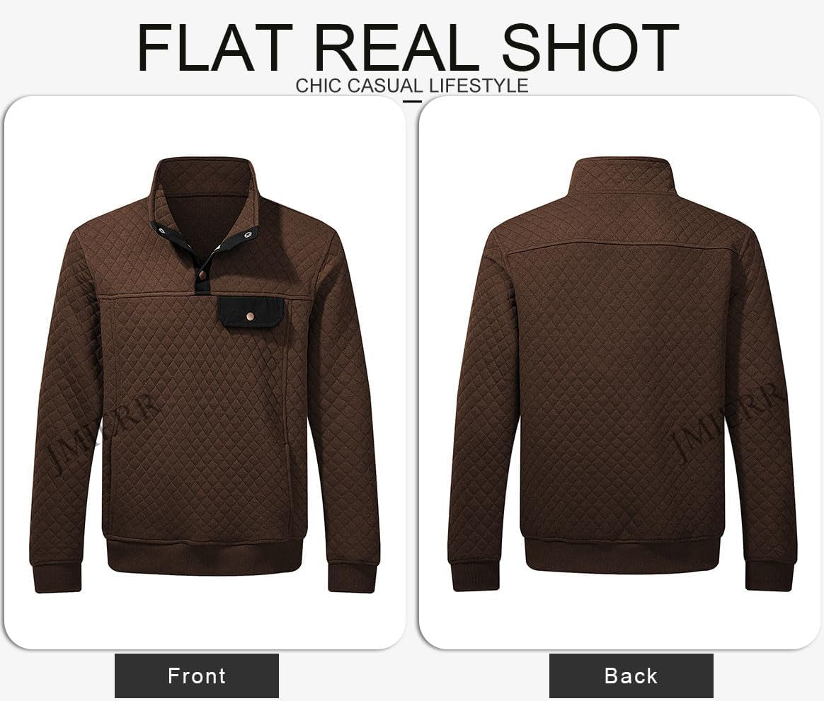 Men'S Quilted Sweatshirt Casual Long Sleeve Outdoor Stand Collar Button Pullover Sweatshirts